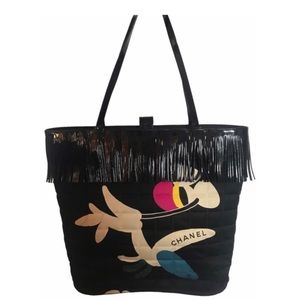 Quilted Canvas & Patent Leather Fringed Tote